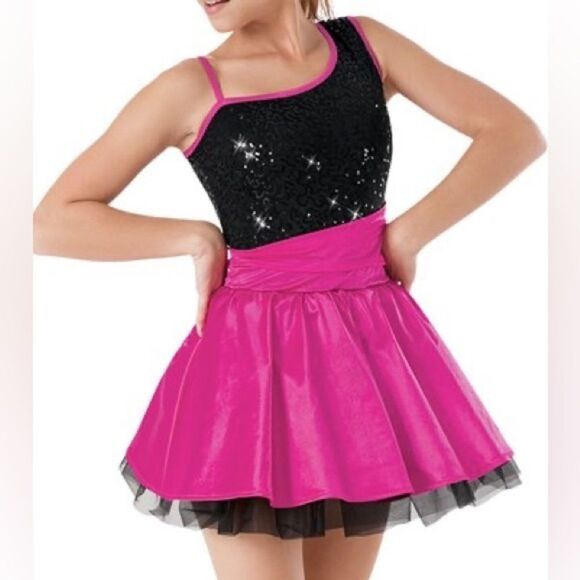 WEISSMAN Balera Dance Costume hot pink ONE SHOULDER SATIN DRESS D8177 MC - Picture 1 of 7